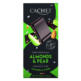 Cachet belgická hořká čokoláda 57% s kousky hrušky a mandlí 100g