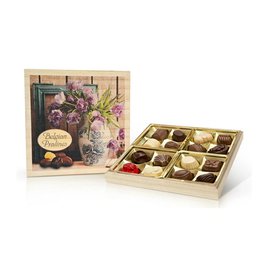 Belgické pralinky dřevěná dóza motiv Tulipány 200g